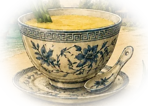 Aquarell: Mango Sticky Rice in der blau-weißen Porzellantasse