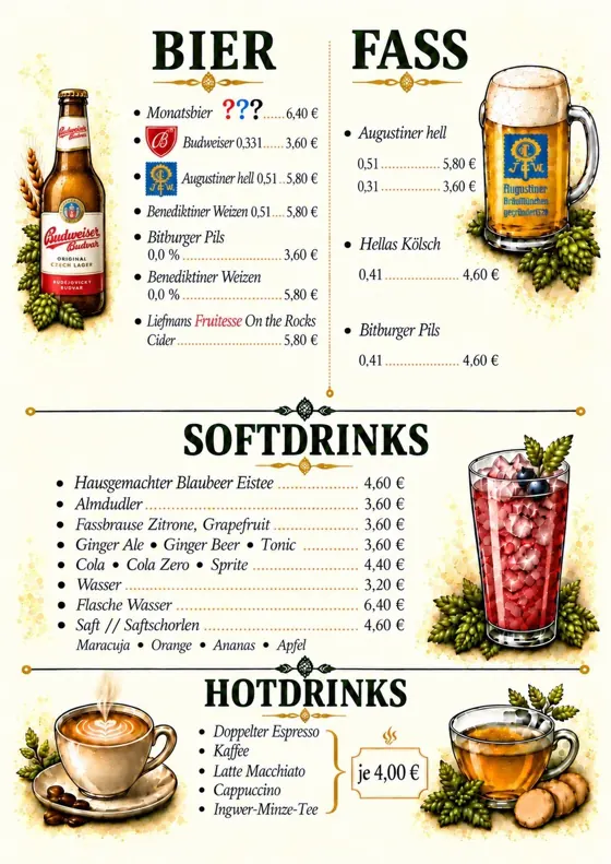 Kartenseite: Bier, Softdrinks, Heißgetränke