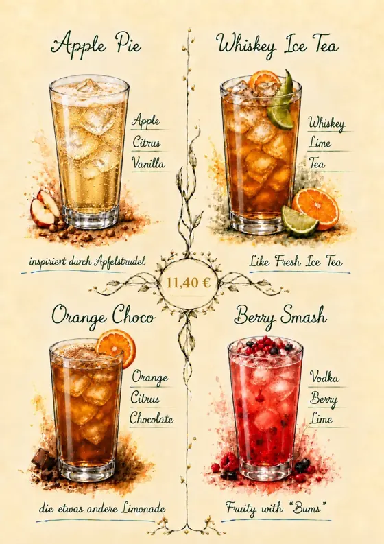 Kartenseite: Apple Pie, Whiskey Ice Tea, Orange Choco, Berry Smash