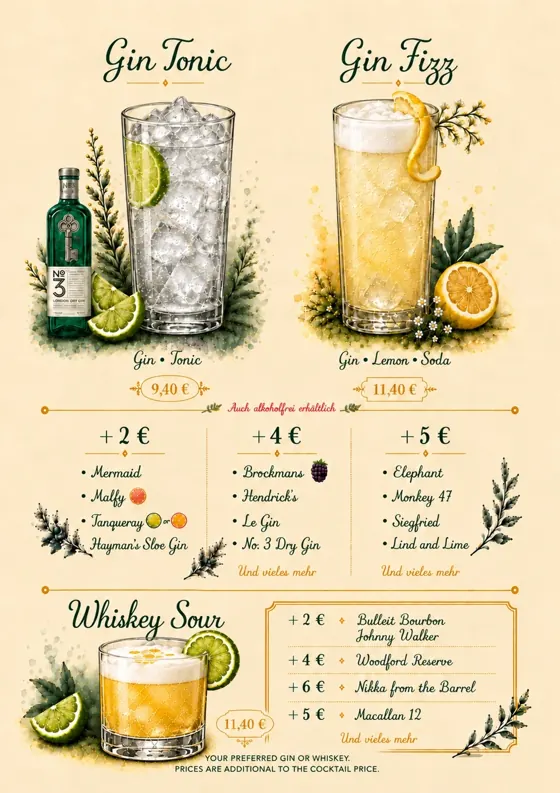 Kartenseite: Gin Tonic, Gin Fizz, Whiskey Sour