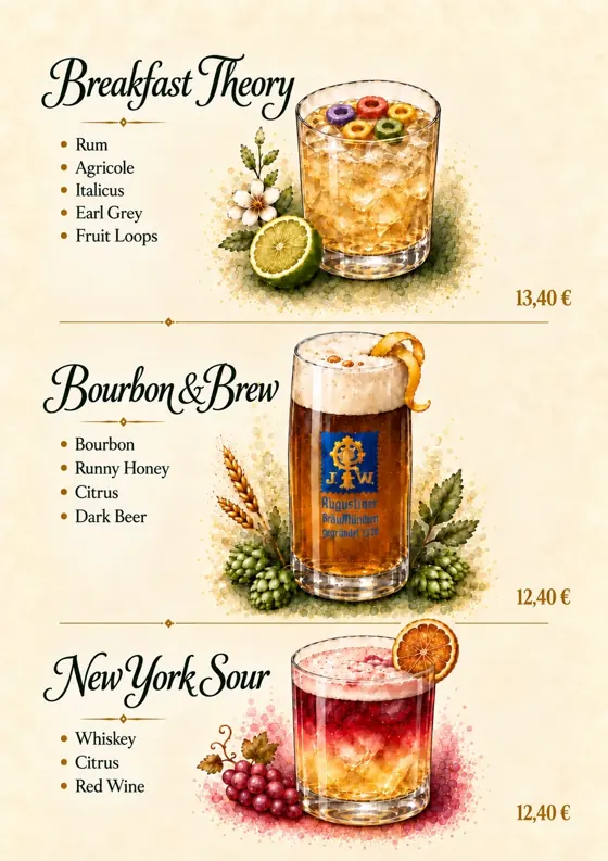 Kartenseite: Breakfast Theory, Bourbon & Brew, New York Sour