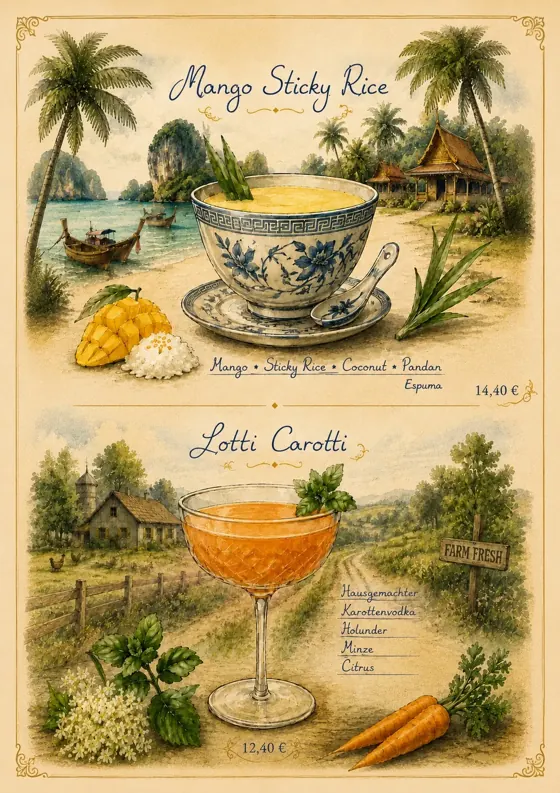 Kartenseite: Mango Sticky Rice & Lotti Carotti