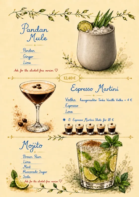 Kartenseite: Pandan Mule, Espresso Martini, Mojito