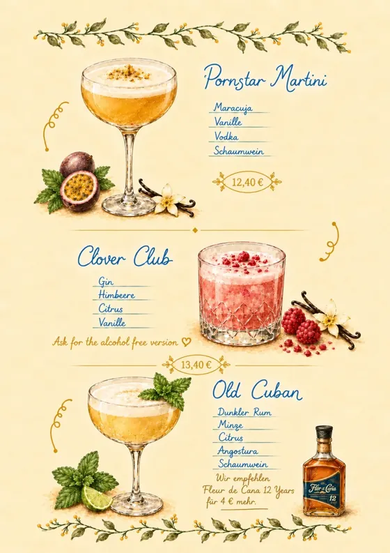 Kartenseite: Pornstar Martini, Clover Club, Old Cuban