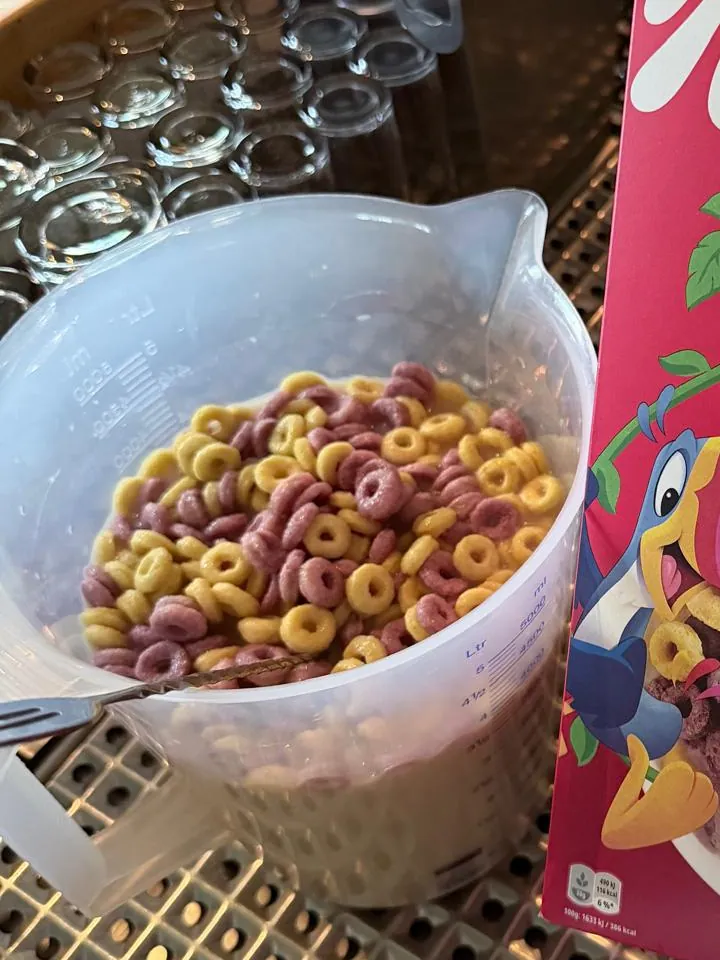 Messbecher mit Froot Loops in milchiger Flüssigkeit