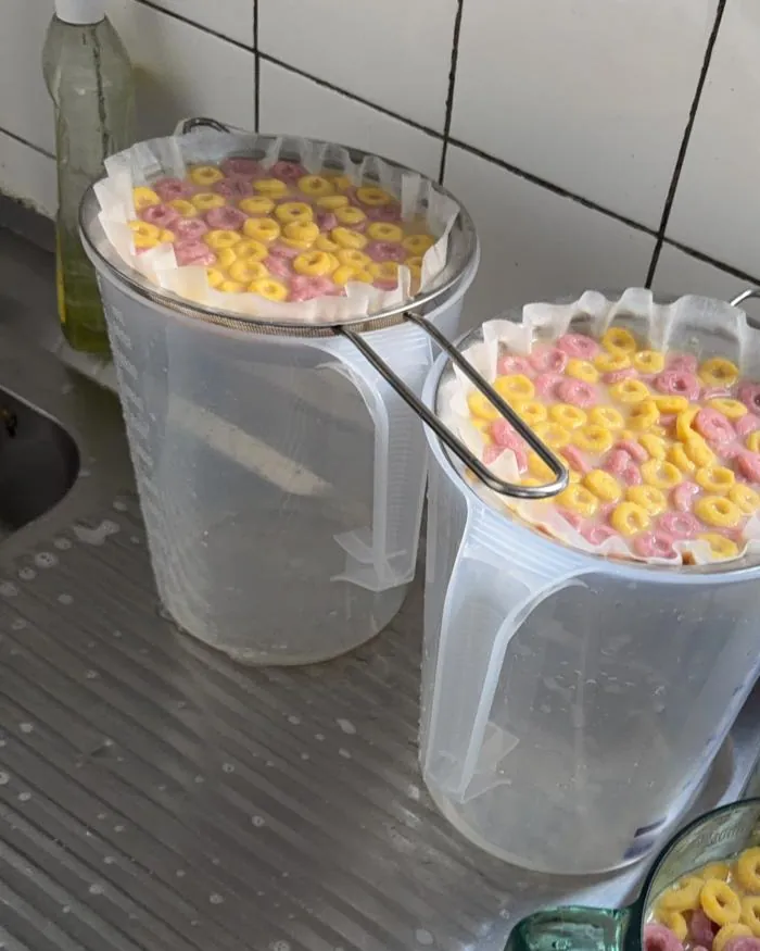 Mehrere Krüge mit Kaffeefiltern, durch die der Milk Punch tropft